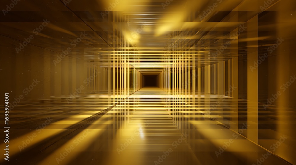 Poster abstract golden tunnel with a grid pattern and a light at the end, creating a sense of depth and lux