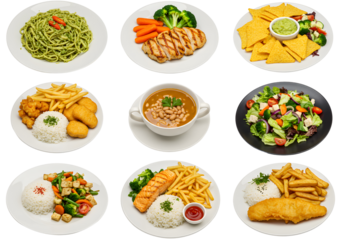 Assorted Asian Dishes on White Background Collection of Asian dishes including noodles, rice, vegetables, and curry bowls, isolated on white. Perfect for restaurant and menu concept