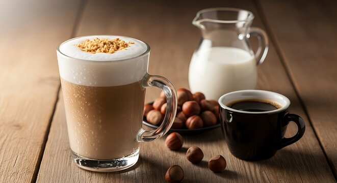 Cozy coffee break arrangement with hazelnut latte and espresso shot