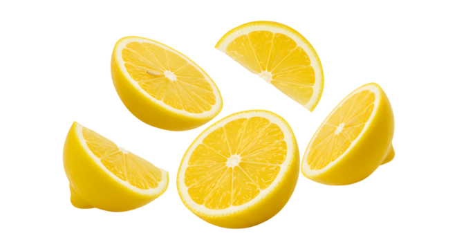 Lemon Slices Isolated on White Fresh lemon wedges isolated on white background. Perfect for drinks, cocktails, and healthy food concept