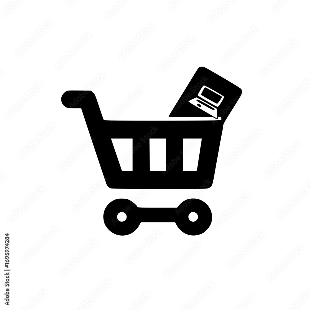 Poster ecommerce shopping cart vector featuring small laptop graphic for electronics retail and web interfa