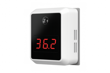 Digital infrared thermometer showing normal body temperature on transparent background