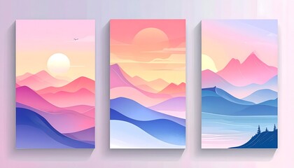 Fototapeta premium Set of three vibrant minimalist landscape illustrations featuring majestic mountains under a beautiful sunrise or sunset sky, adorned with serene colorful gradient hues and a tranquil aesthetic