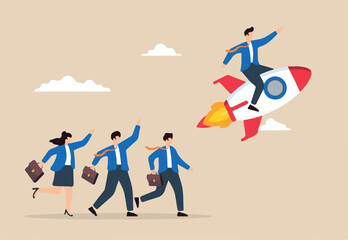 Flat illustration of business leader pointing direction riding rocket guiding team success innovation startup boost partnership productivity