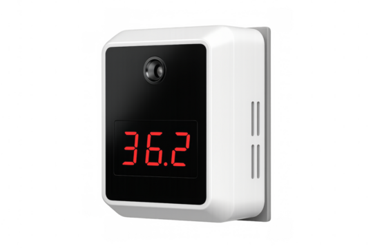 Digital infrared thermometer showing normal body temperature on transparent background