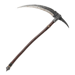 a reaper's scythe with a long curved blade and wooden handle isolated [Transparent Background PNG].