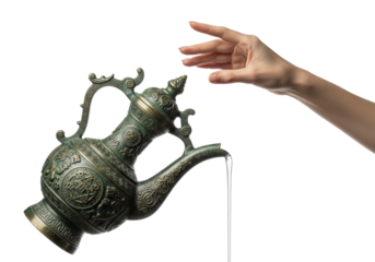 Elegant female hand precisely tilting an ancient verdigris bronze ewer, pouring glowing opalescent liquid against a transparent background, concept of ancient ritual and mysticism