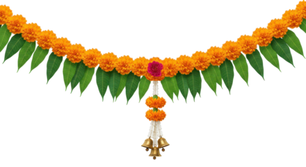 Marigold Garland: A festive and vibrant marigold garland, adorned with fresh green leaves, bells and small pink flower perfect for festive celebrations.