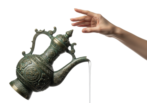 Elegant female hand precisely tilting an ancient verdigris bronze ewer, pouring glowing opalescent liquid against a transparent background, concept of ancient ritual and mysticism
