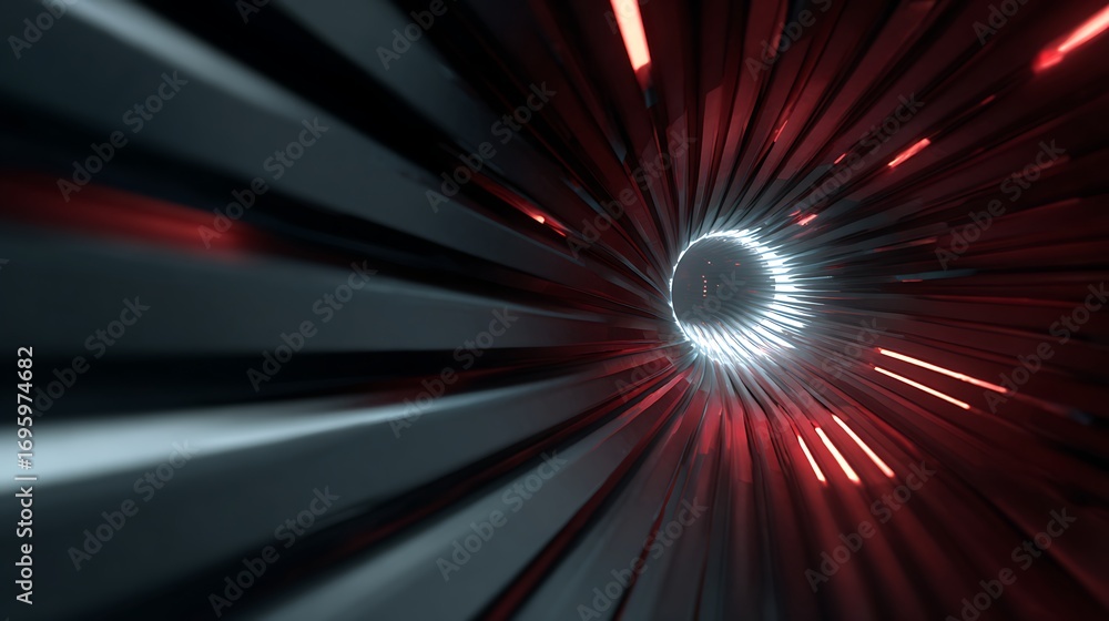 Poster abstract tunnel with glowing red and white lights, creating a sense of speed and motion in a futuris