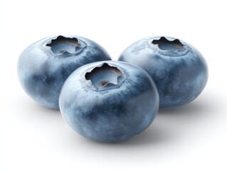 Obraz premium Three fresh blueberries, close-up, against a white background