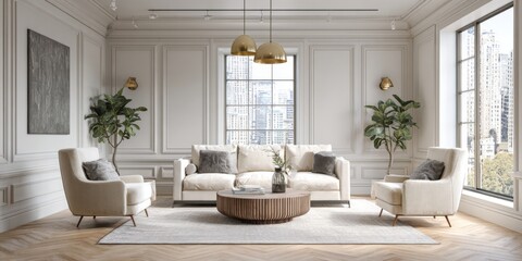 Modern and Stylish Living Room with Cozy Sofa, Elegant Chairs, and Natural Light in Contemporary Interior Design