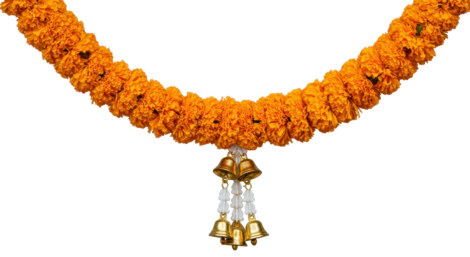 Golden Garland: A meticulously arranged garland of vibrant marigold flowers, strung together to create a symbol of elegance and grace. The decorative beads and golden bells add extra charm