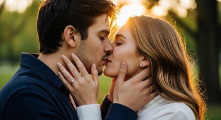 Naklejka premium A couple kissing passionately outdoors at sunset, with golden light.