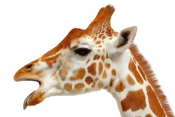 Obraz premium Close-up profile of a giraffe's head and neck, mouth slightly open, tongue visible, against a white background