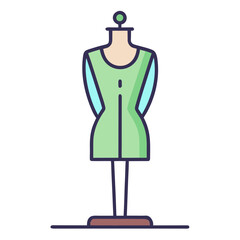 Stylized fashion mannequin with green dress and light blue sleeves