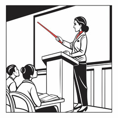 Illustration of a teacher giving a lecture to students in a classroom, suitable for educational content