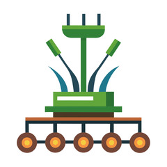 Stylized illustration of a futuristic agricultural harvesting machine with wheels