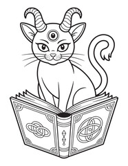 Demon Cat Reading Spellbook Creepy Halloween Line Art Coloring Page