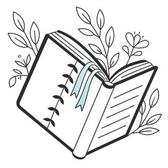 Illustration of an open book surrounded by leaves, perfect for education, reading, or natureinspired concepts
