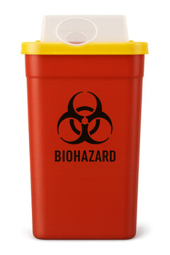 Red biohazard medical waste container on transparent background