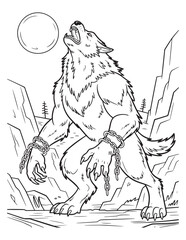 Werewolf Howling at Moon Creepy Halloween Line Art Coloring Page