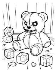 Evil Teddy Bear Creepy Halloween Line Art Coloring Page