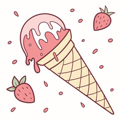Vector art of a charming cartoon illustration showcasing a delicious strawberry ice cream cone with two fresh strawberries floating around it
