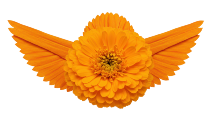 Floral Wings: A captivating close-up of an intricately arranged orange zinnia, meticulously formed into symmetrical wings, symbolizing growth, imagination, and new beginnings. 