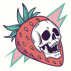 Vector art of a chillingly sweet illustration of a strawberry skull against a lightning bolt backdrop, blending the macabre with the fruity for a unique and edgy design