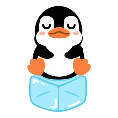 Cartoon penguin Meditating on Ice Cube