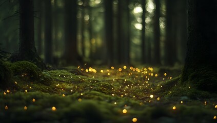 Mossy forest floor glowing with tiny fairy lights, framed by tall ancient pine trees.
