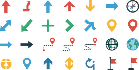 Collection of diverse navigation and directional icons for maps and direction finding