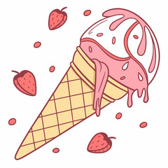 Vector art of a delightful strawberry ice cream cone, , with strawberries floating around it, perfect for a sweet summer treat illustration