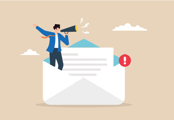 Flat illustration of businessman announcing message using megaphone standing inside open envelope with notification badge email marketing or important communication alert