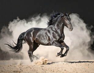Powerful black horse running through sandstorm