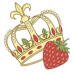 Vector art of a golden crown with red jewels is placed behind a ripe strawberry, the crown is decorated with fleurdelis