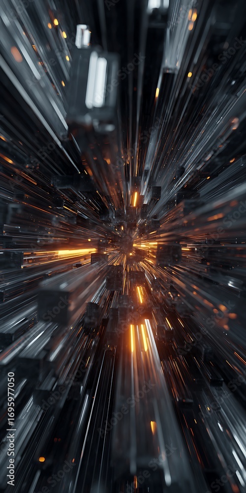 Poster a mesmerizing journey through a futuristic cityscape with glowing orange lights, creating a captivat