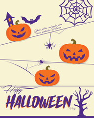Halloween Celebration Background, Pumpkin, Haunted House, Bats, Ghosts Vector Illustration