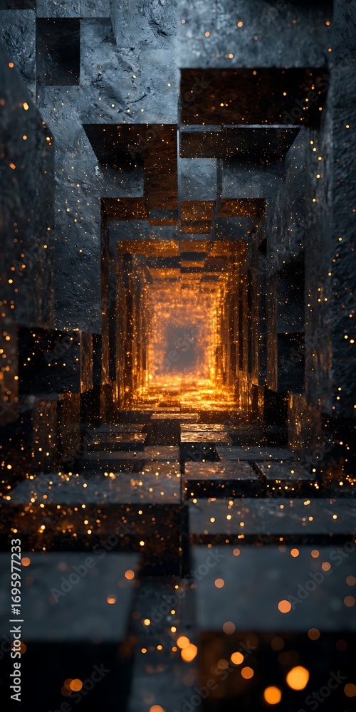 Poster a captivating journey through a futuristic tunnel with glowing orange lights, creating a mesmerizing