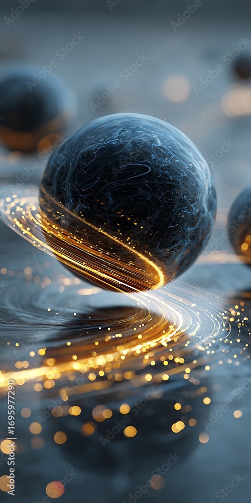Poster a mesmerizing sphere levitates amidst a swirling vortex of golden light, creating a captivating disp