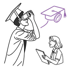 Vector art of a student with vr glasses is studying with a friend, imagining their graduation, a modern and educational illustration