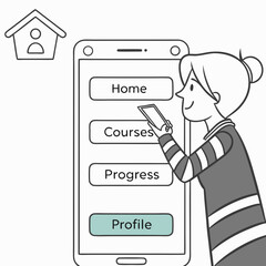 Vector art of a woman is using a mobile app for online courses, checking her progress and profile
