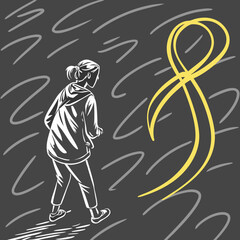 Vector art of a woman is walking towards a yellow line on the asphalt, symbolizing a path or journey, with a creative and artistic design element