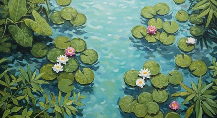 Oil Painting of Water Lilies and Lily Pads in Pond