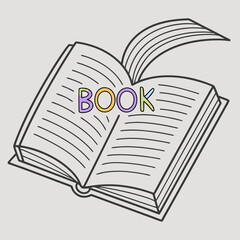 Vector art of an open book with the word book written on it, perfect for a childrens book about reading and learning