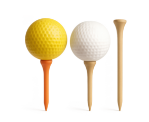Golf balls on tees yellow white wood ready for a game
