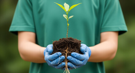 Protecting our planet one seedling at a time environmental conservation sustainability growth nature eco friendly green hands holding sapling new life spring planting ecology