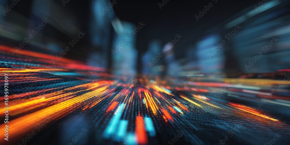 Poster vibrant abstract visualization of financial data with colorful light trails and dynamic graphs in a 