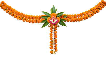 Obraz premium Vibrant Floral Decoration: A stunning marigold garland, adorned with intricate floral details and lush green leaves, hangs gracefully, representing a symbol of celebration and beauty.